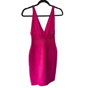 Hervé Léger Fuchsia Bandage Dress XS Deep V Bodycon Mini Clubwear Cocktail